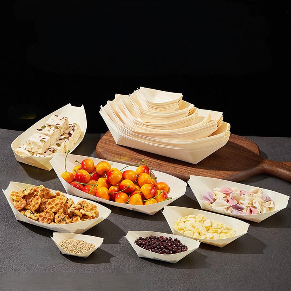 Food In Japanese Snacks - 50PCS Multi-size Disposable Wooden Boat-shaped Plate